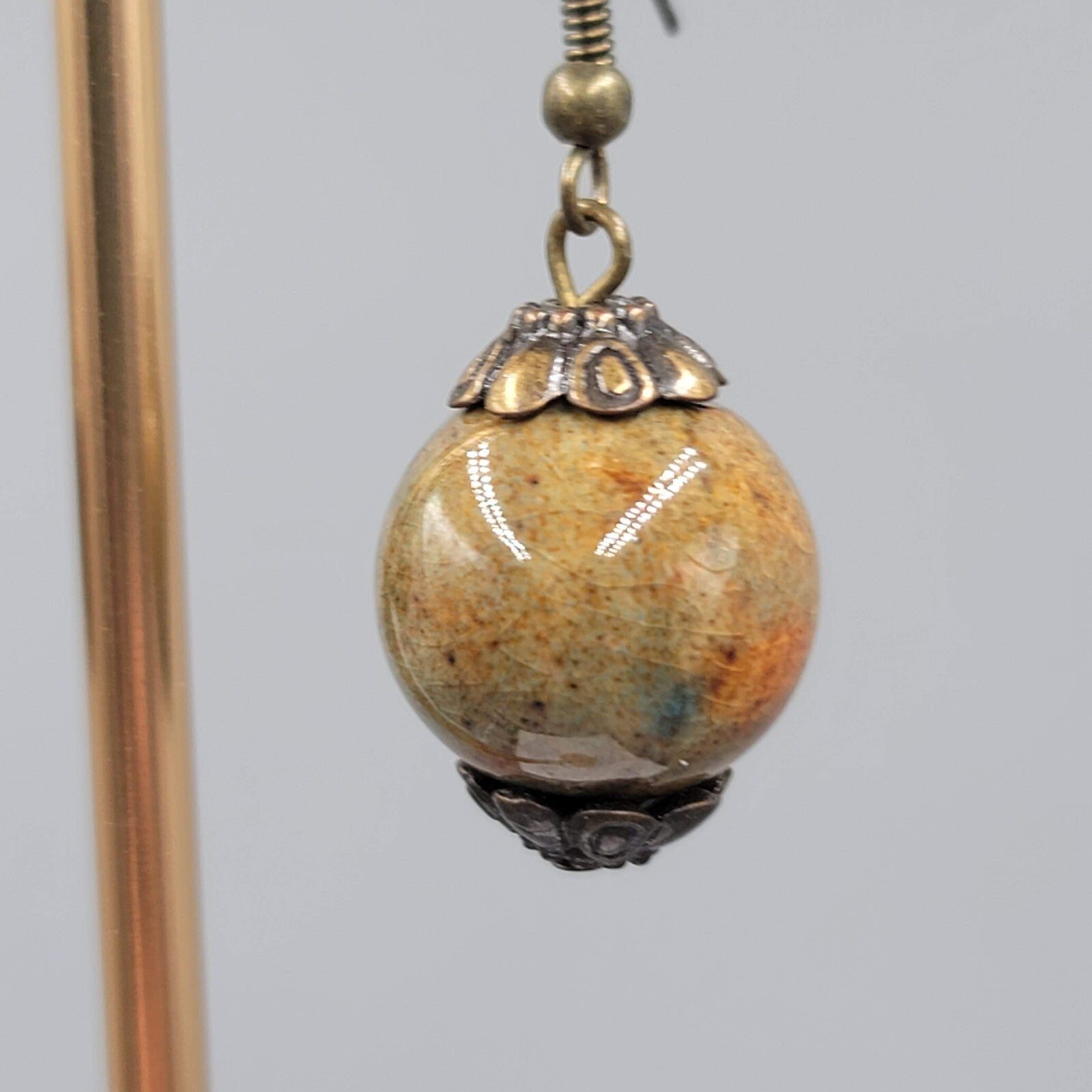 Ceramic Green Bead Pierced Earrings Bronze tone Dangle 1"