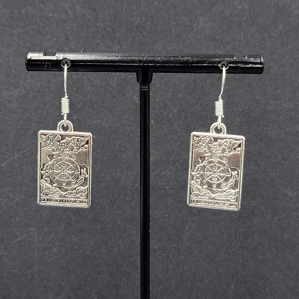 La Rueda de la Fortuna Tarot Card Pierced Earrings Silver tone 1"