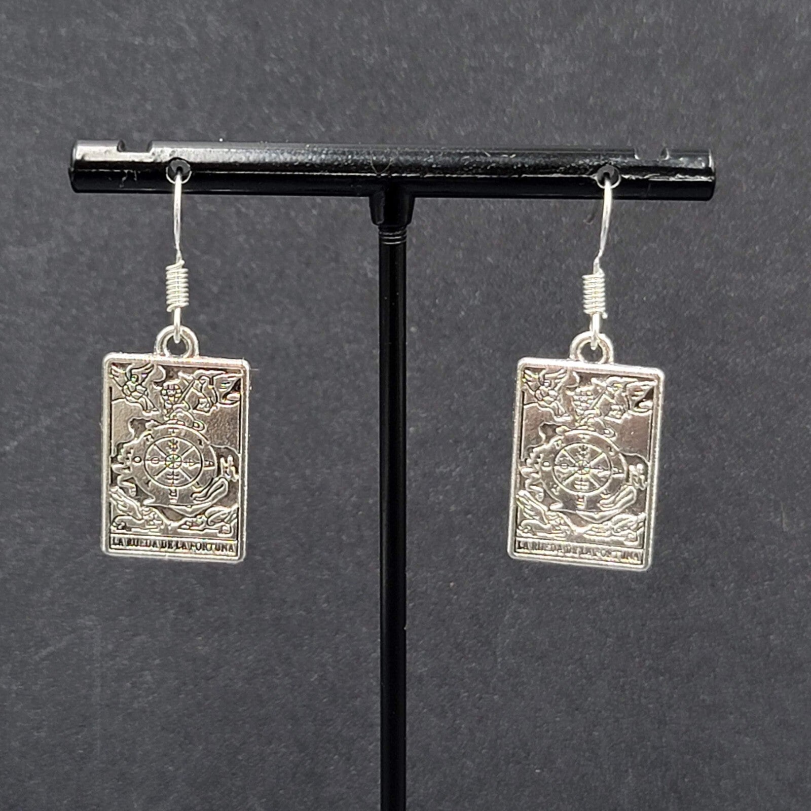 La Rueda de la Fortuna Tarot Card Pierced Earrings Silver tone 1"
