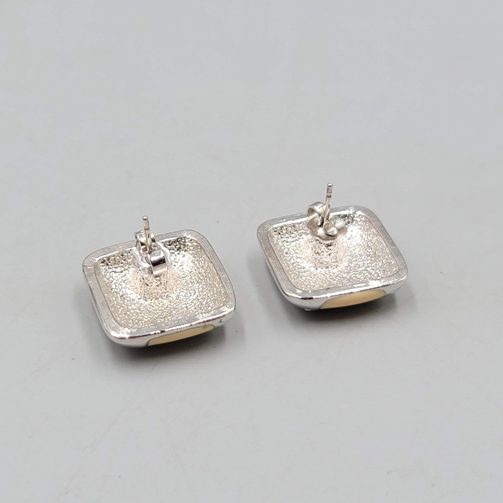 Cream Enamel Pierced Earrings Silver tone Square Drop 3/4 in