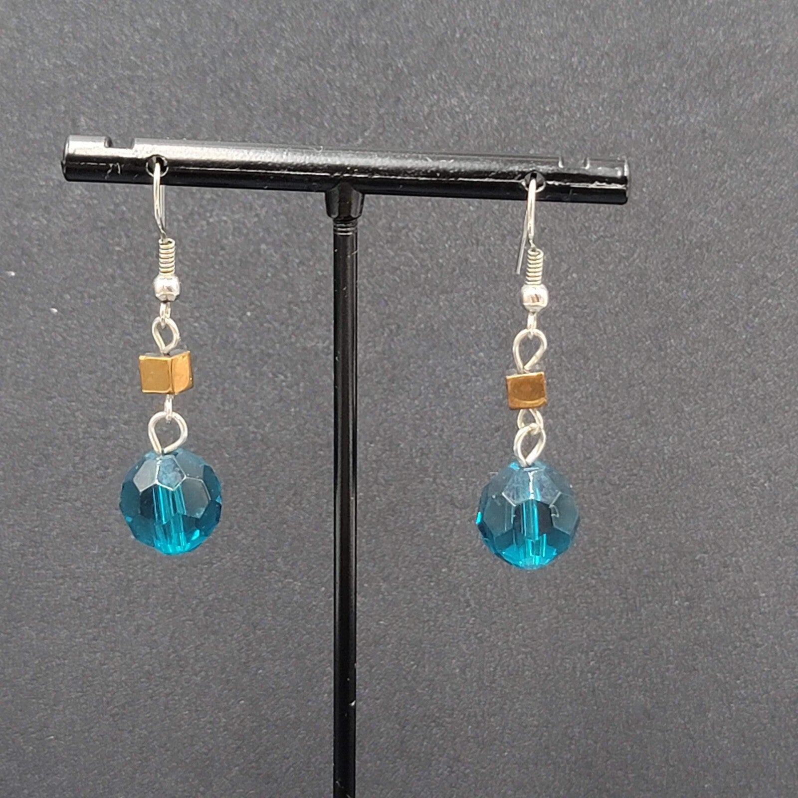 Pierced Earrings 1" Silver tone Blue Bead Copper Square Dangle 1"