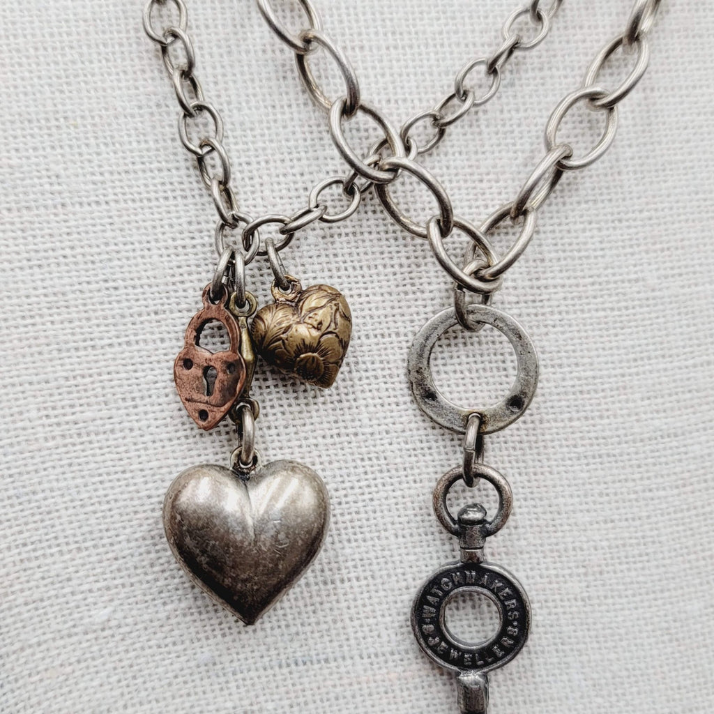 Skeleton Key Heart Charm Necklace Silver tone Statement 22"