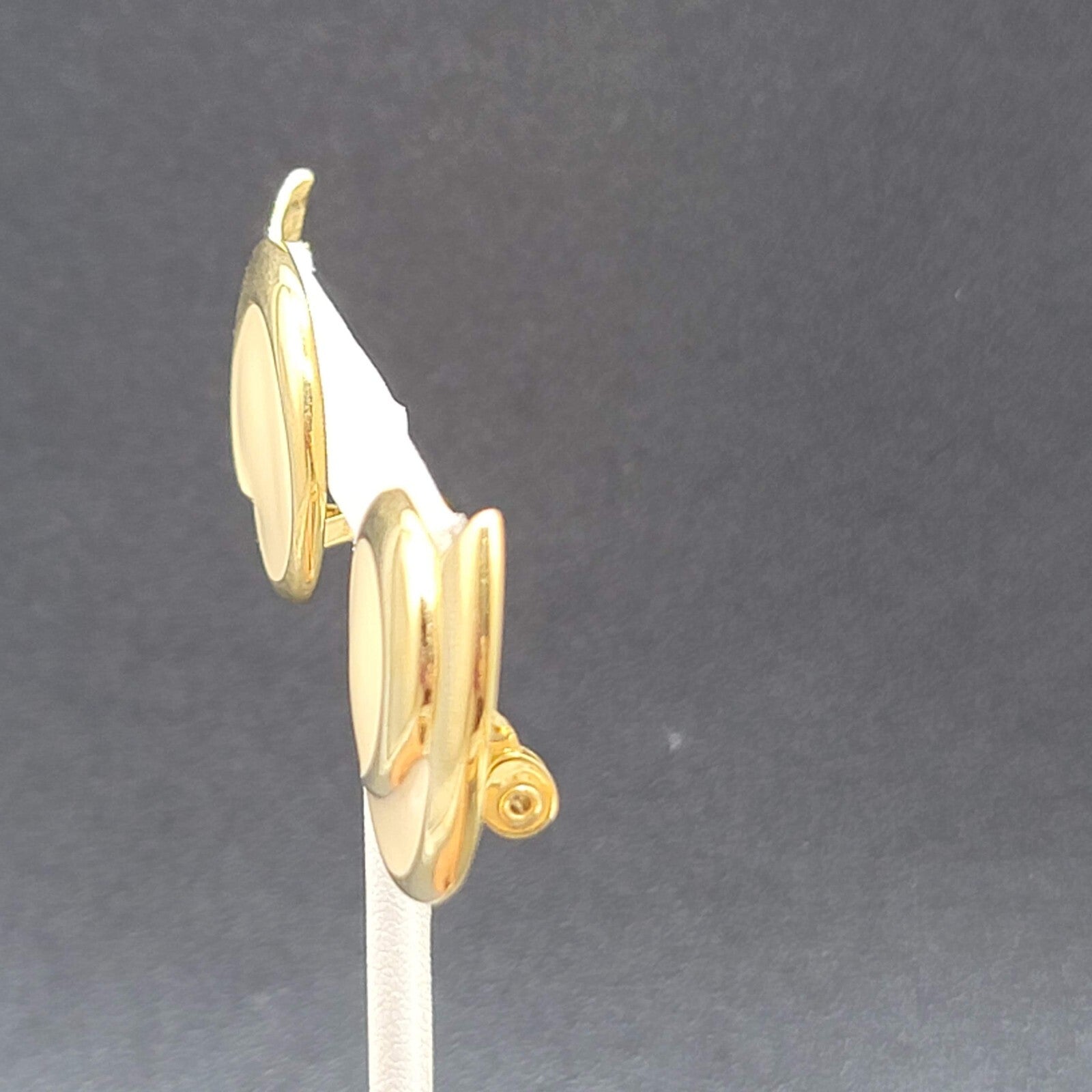 Vintage MONET Clip on Earrings Gold Plated White Enamel Drop 1 3/8"