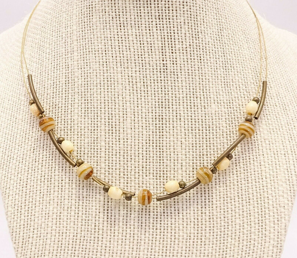Art Glass Floating Beaded Multi Strand Gold Tone Necklace 16"