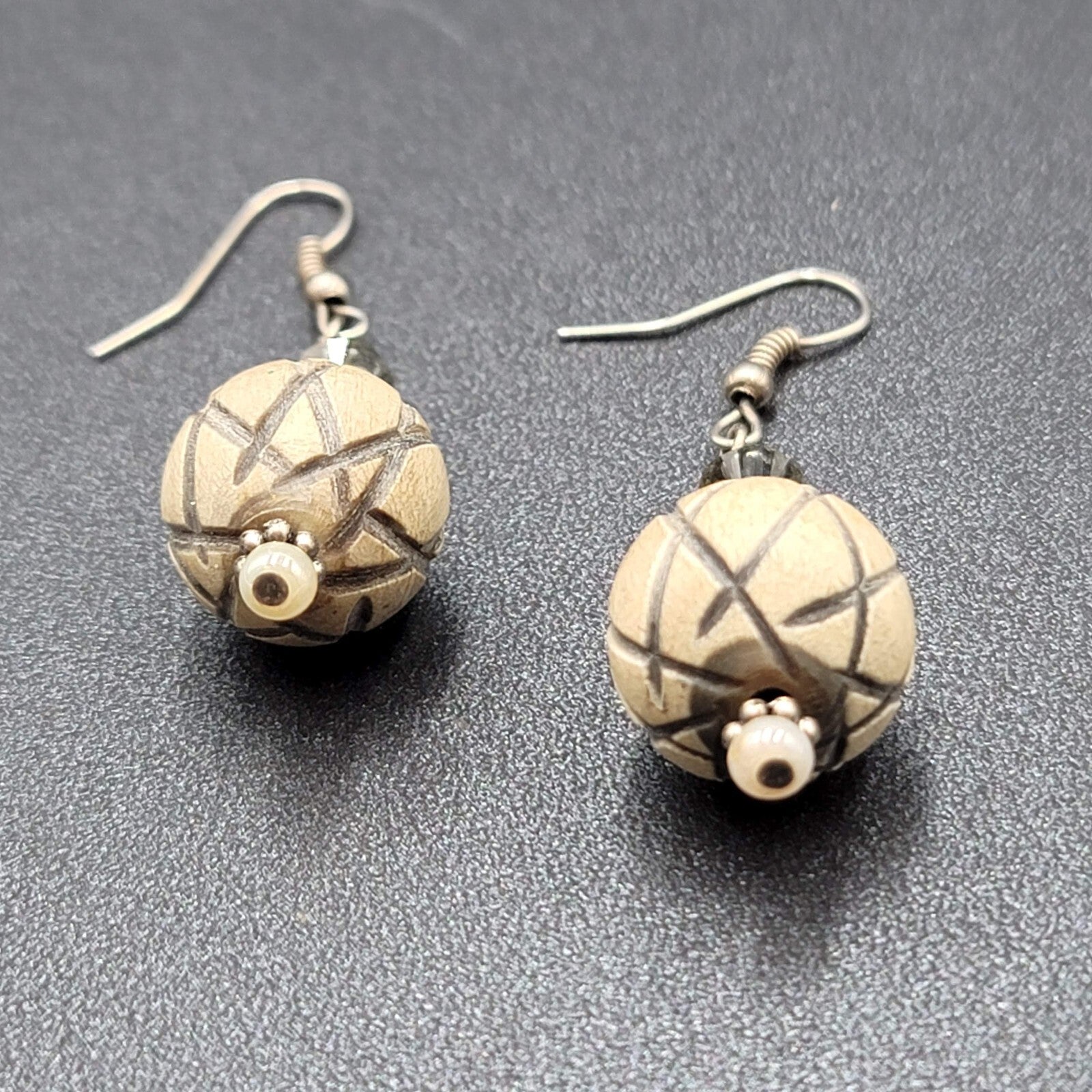 Vintage Pierced Earrings Silver tone Crystal and Wood Carved Bead Dangle 1.5"