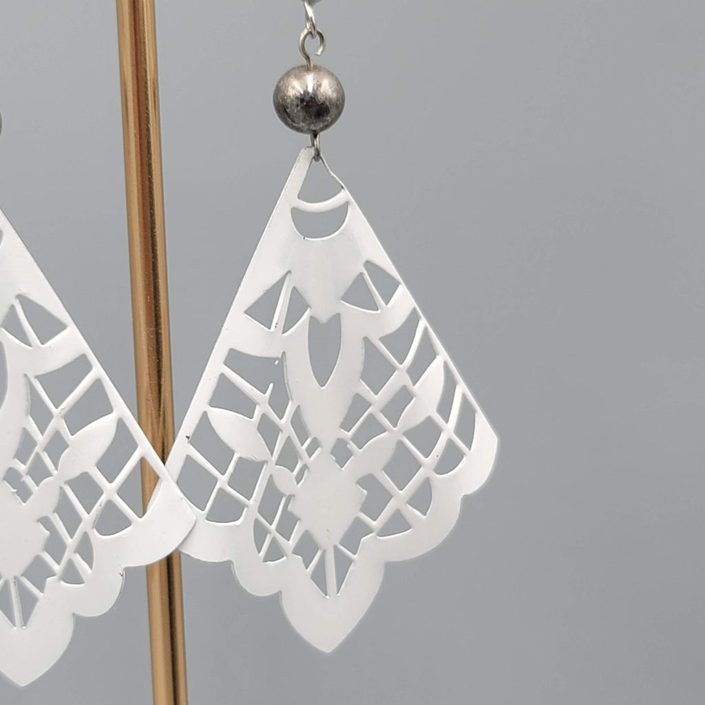 Large White Enamel Pierced Earrings Silver tone Dangle  2.75"