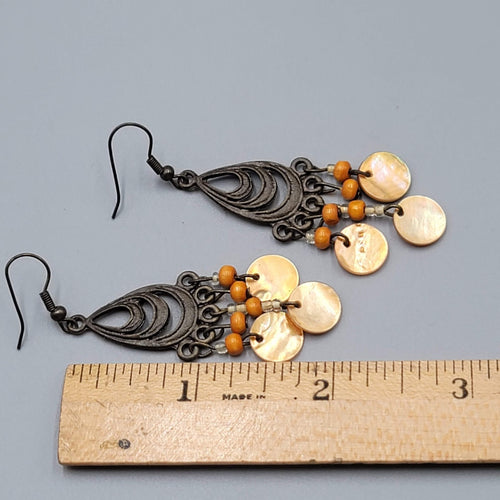 Bronze tone Chandelier Pierced Earrings Wood Bead Orange Shell Dangle 2"