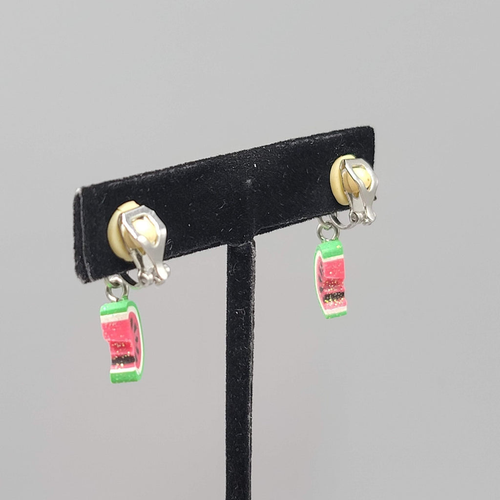 Watermelon Dangle Clip on Earrings Silver tone Cute 3/4"