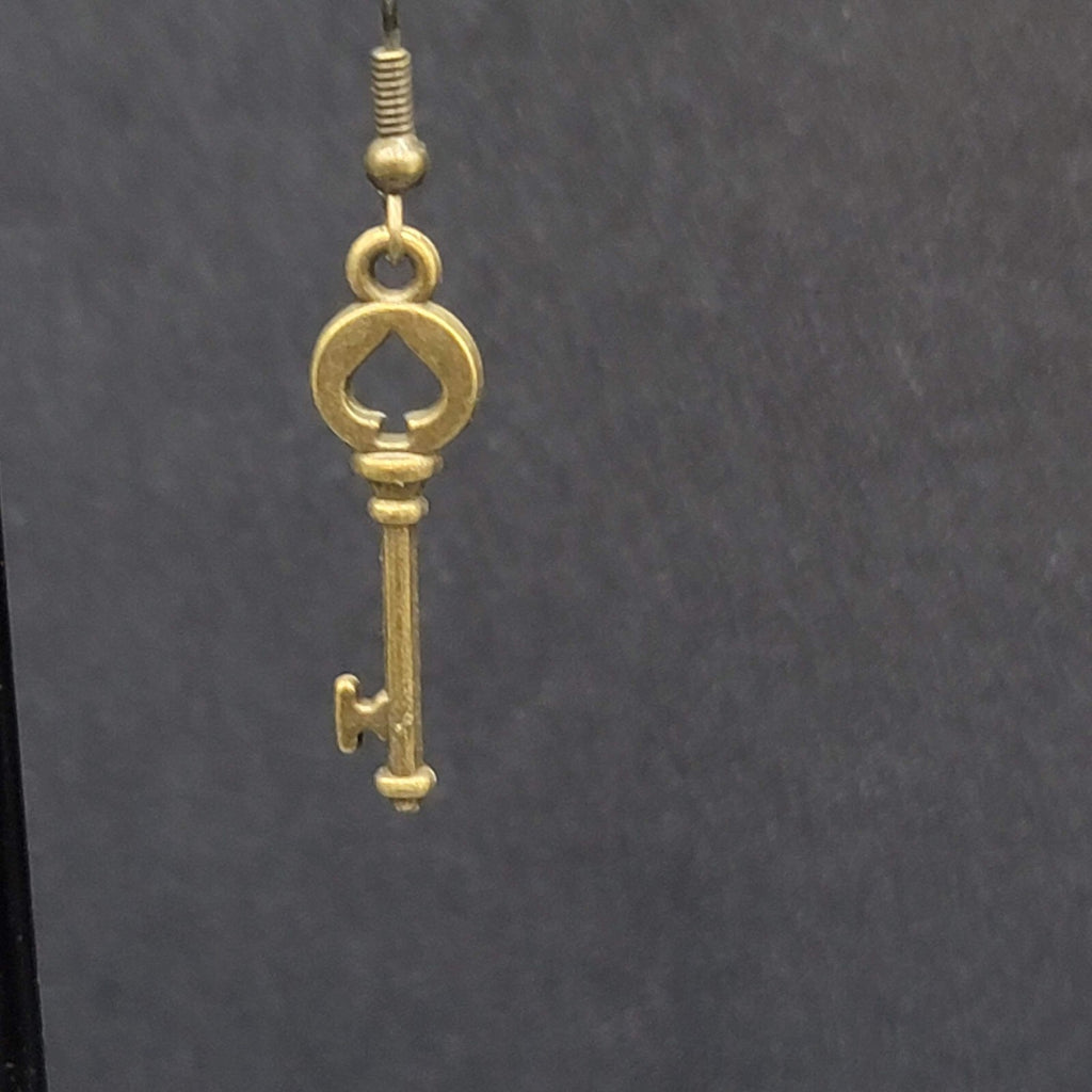 New Pierced Earrings Spade Skeleton Key Bronze tone Dangle 1 1/8"