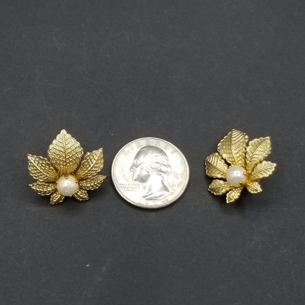 Vintage Clip On Earrings Gold tone Leaf with Faux Pearl Drop 1"