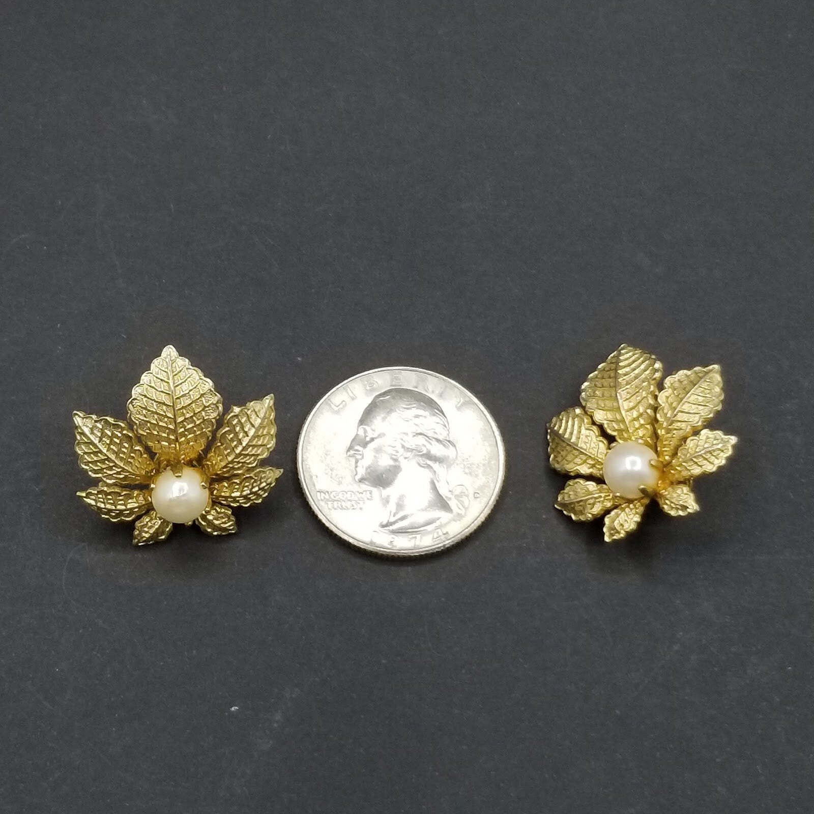 Vintage Clip On Earrings Gold tone Leaf with Faux Pearl Drop 1"