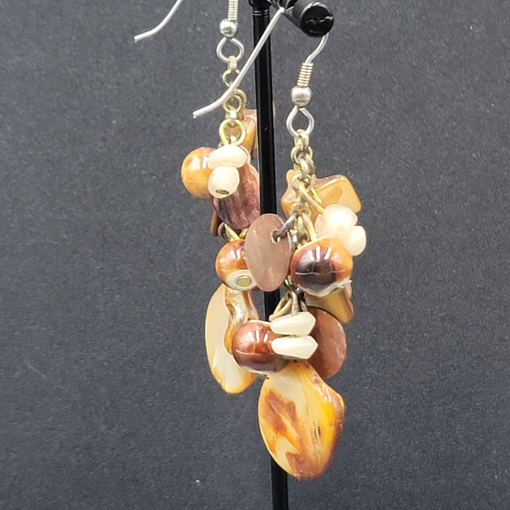 Pierced Earrings Brown Earth Tones Cluster Bead Shells 2.25"