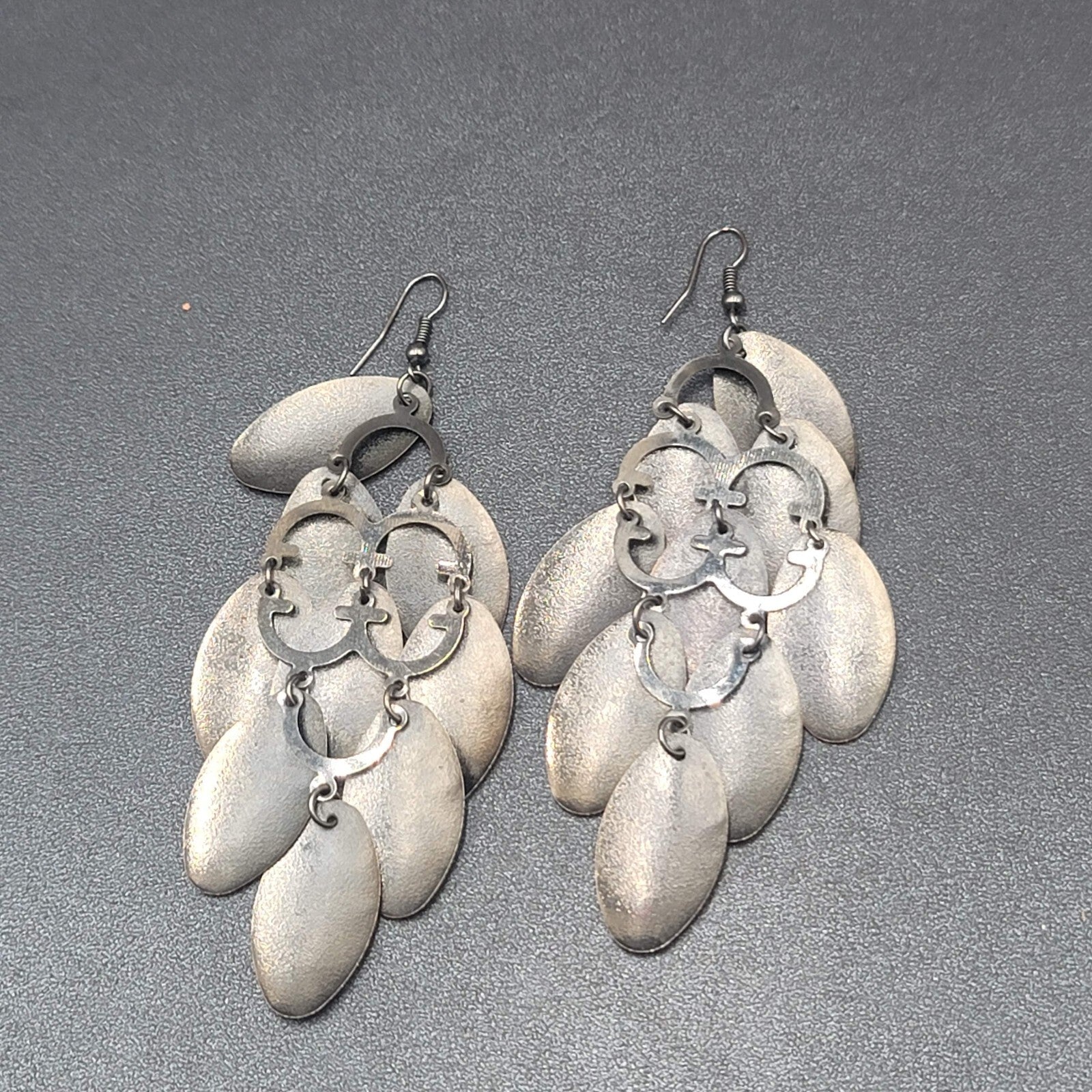 Pierced Earrings Gunmetal Gray Textured Layered Chandelier Dangle 4"