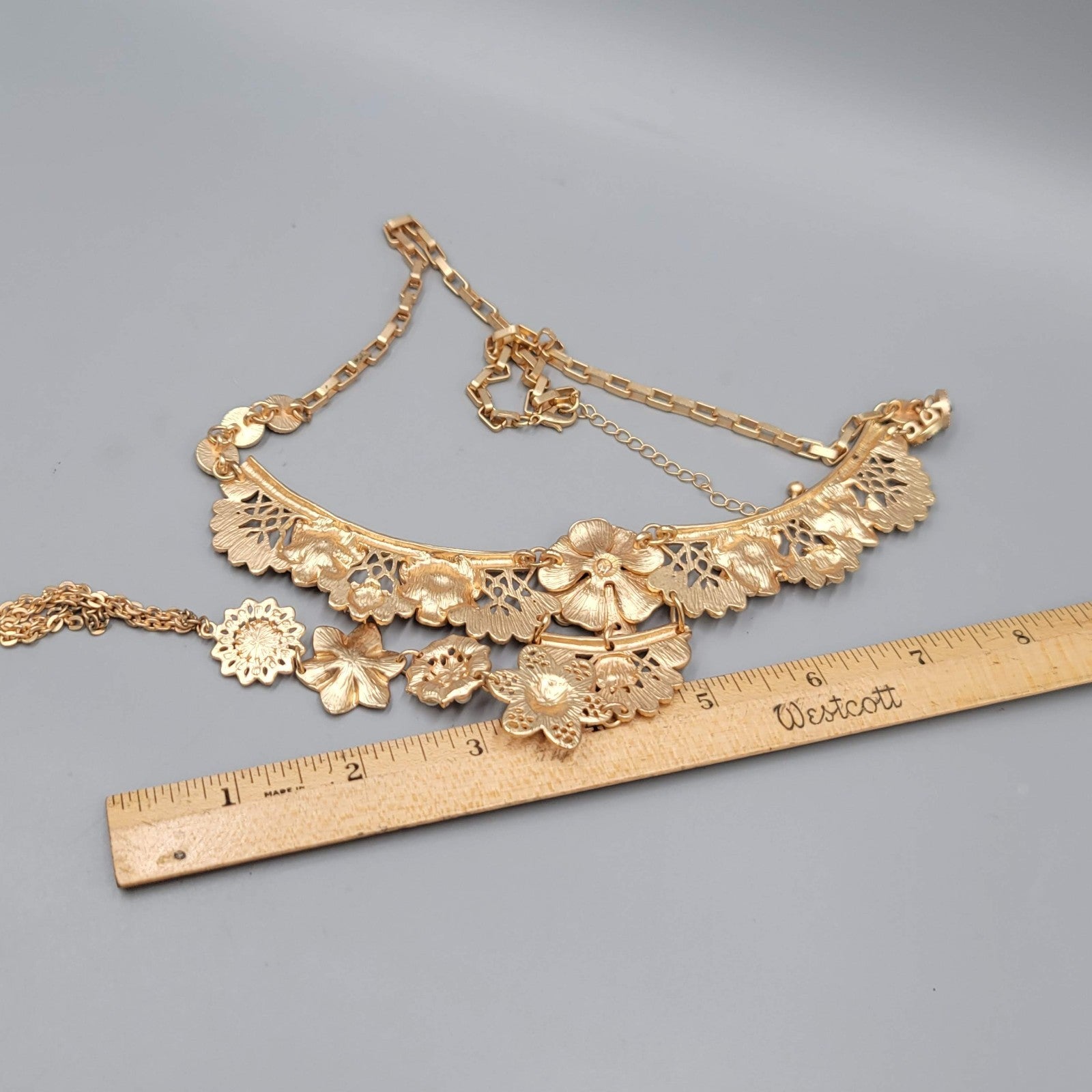 Flower Statement Bin Long Y Drop Necklace Crystal Rhinestone Gold tone LONG