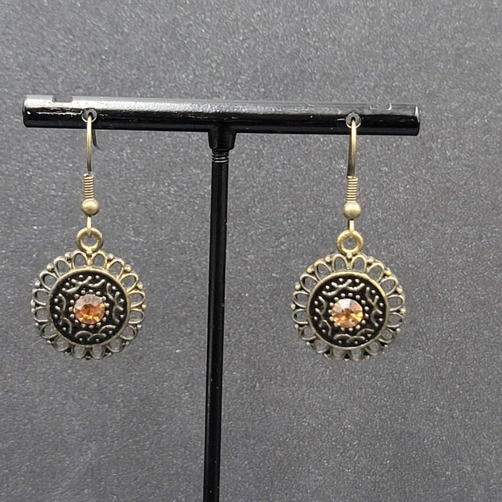 Pierced Earrings Bronze tone Orange Rhinestone Round Filigree 7/8"
