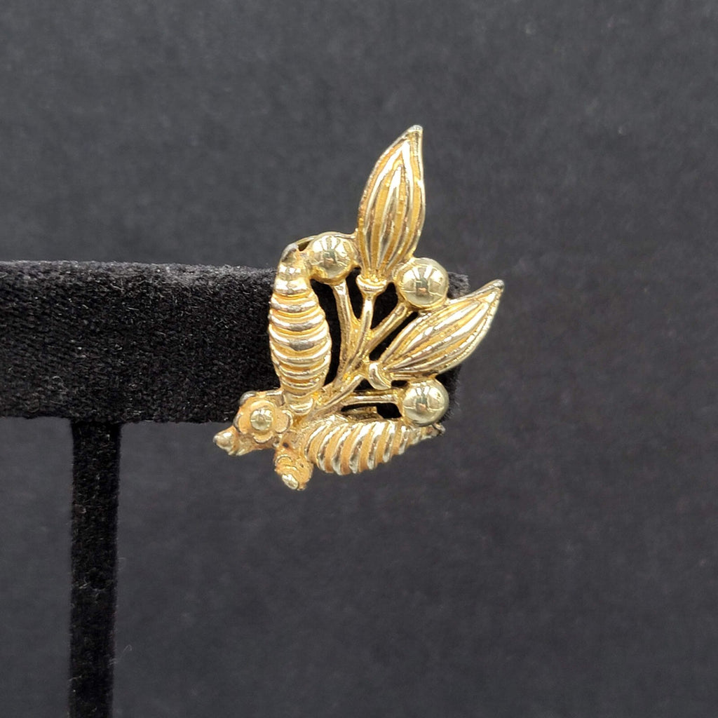 Vintage Clip on Earrings Gold tone Flower Leaves Climbers 1 3/8"