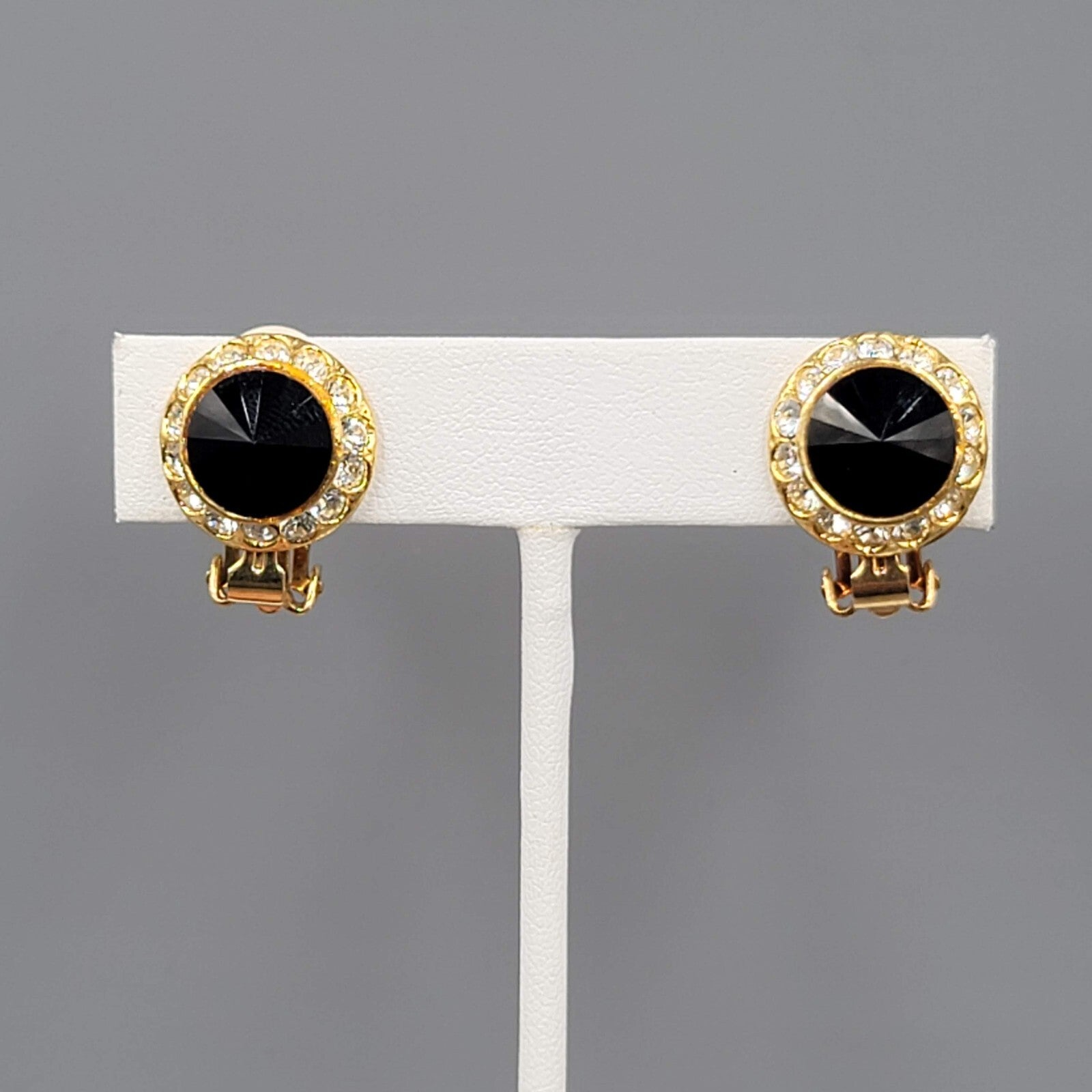 Vintage Black Rivoli Rhinestone Studs Clip on Earrings Round 5/8"