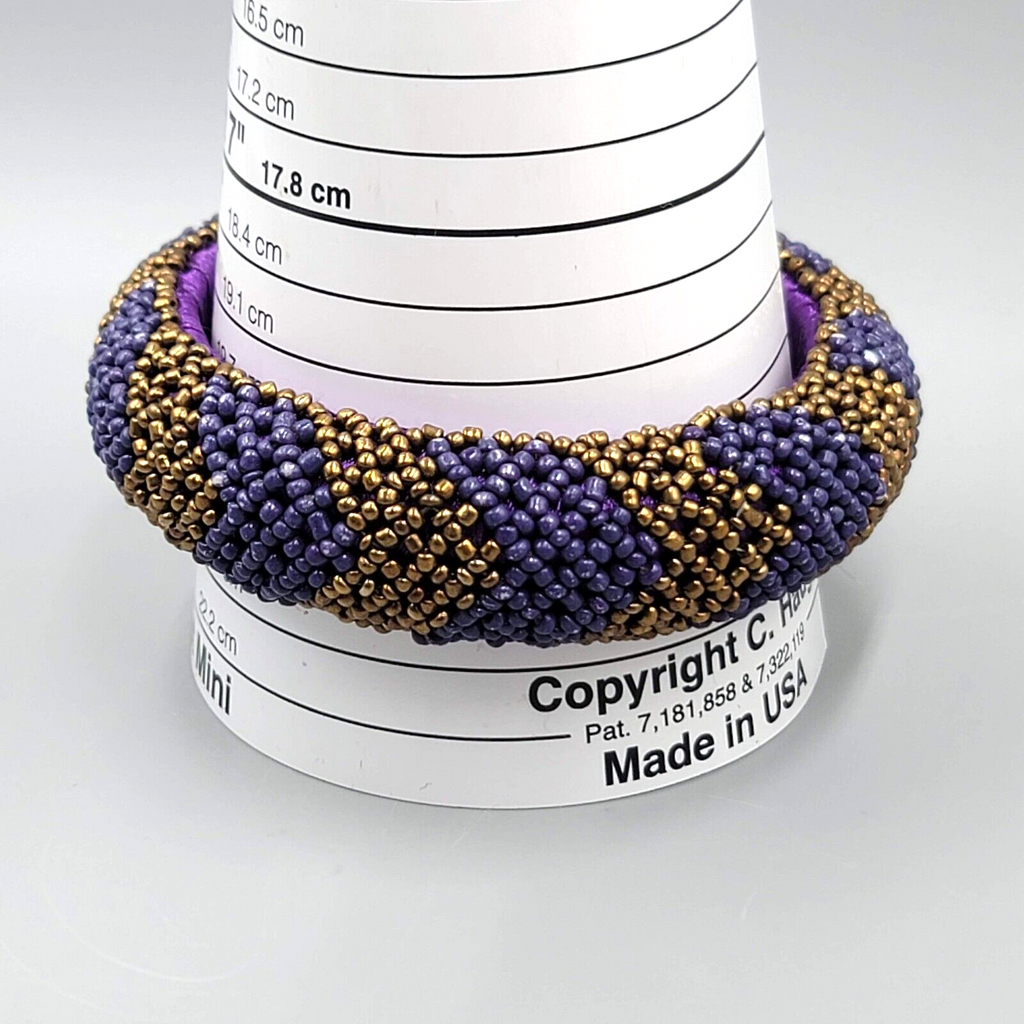 Purple Seed Bead Bangle Bracelet Bronze tone Beads 8 in