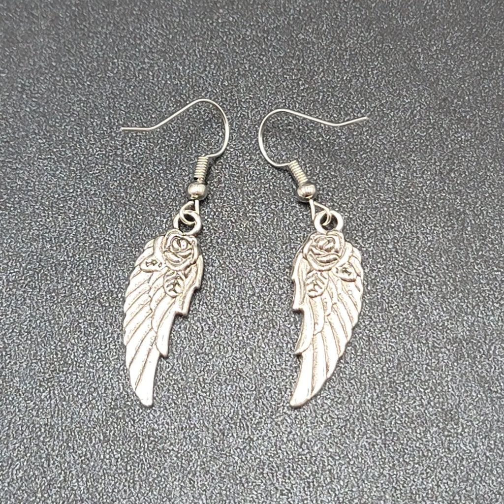 Wings Pierced Earrings Silver tone Rose Dangle 1 1/8"