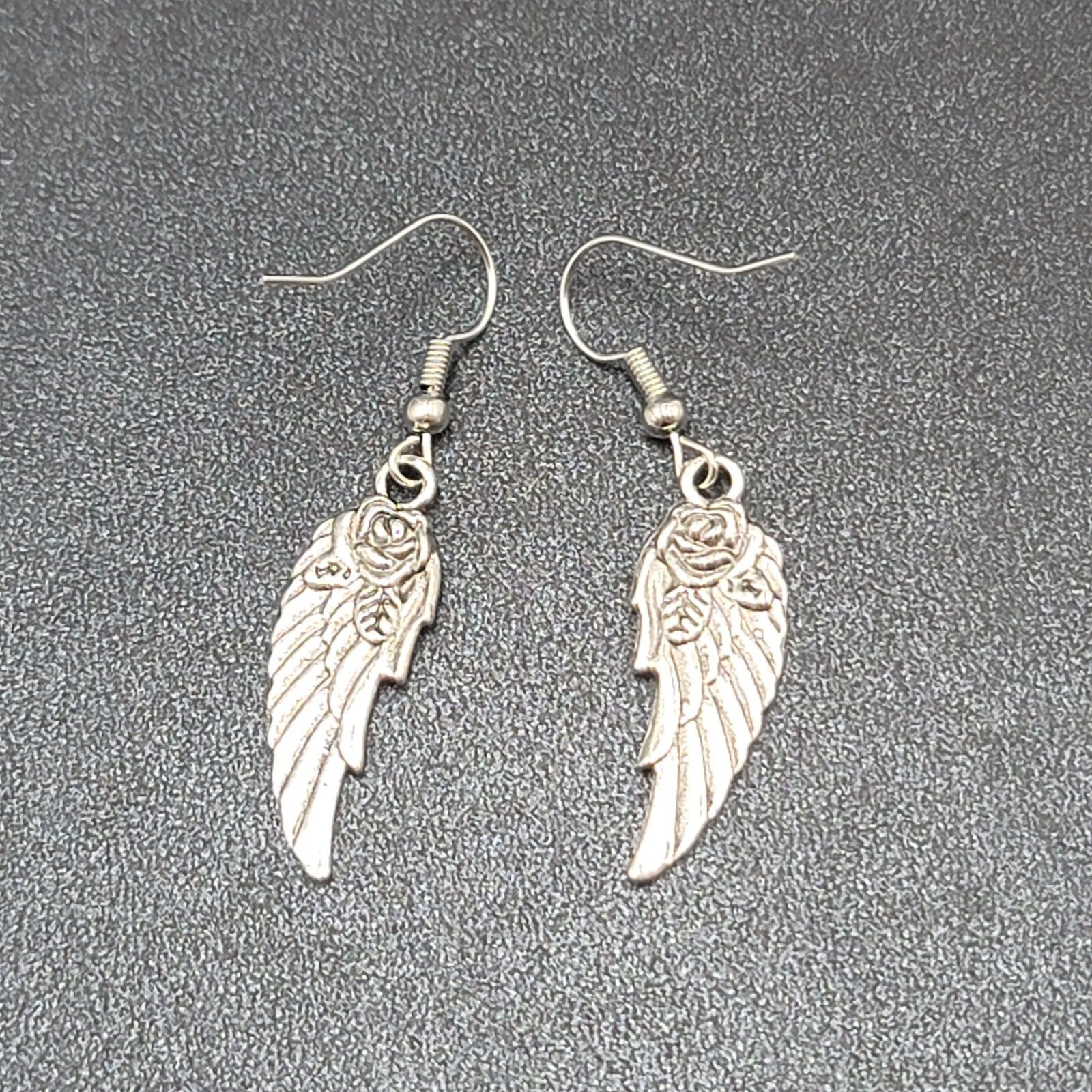 Wings Pierced Earrings Silver tone Rose Dangle 1 1/8"