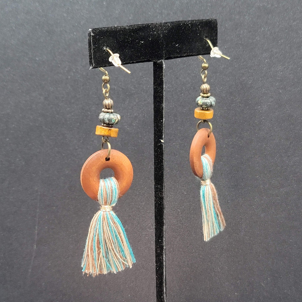 New Boho Pierced Earrings Wood Ring Blue White Tassel Beaded Dangle 2.75"