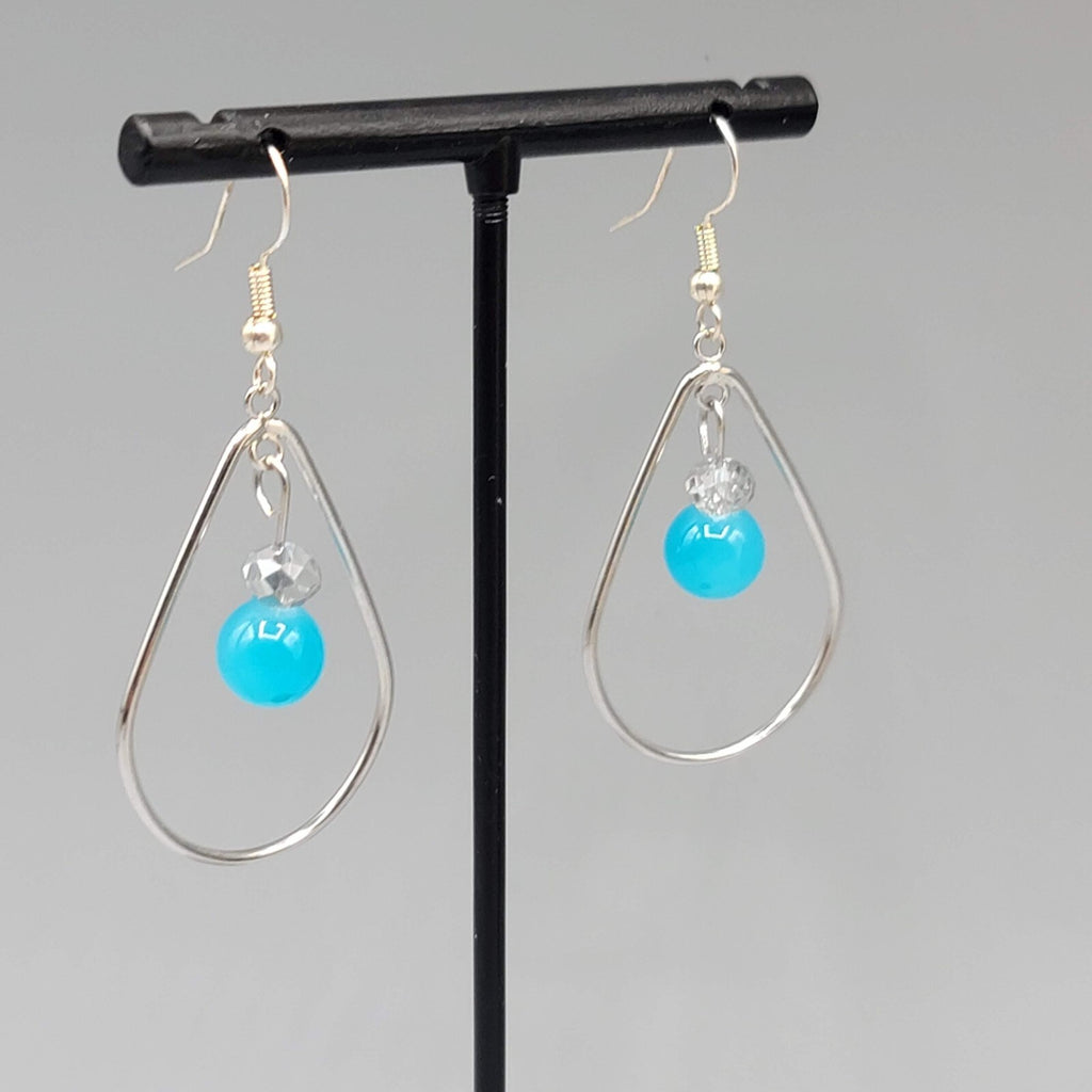 Pierced Earrings Silver tone Teardrop Hoops Blue Bead Dangle 1.5"