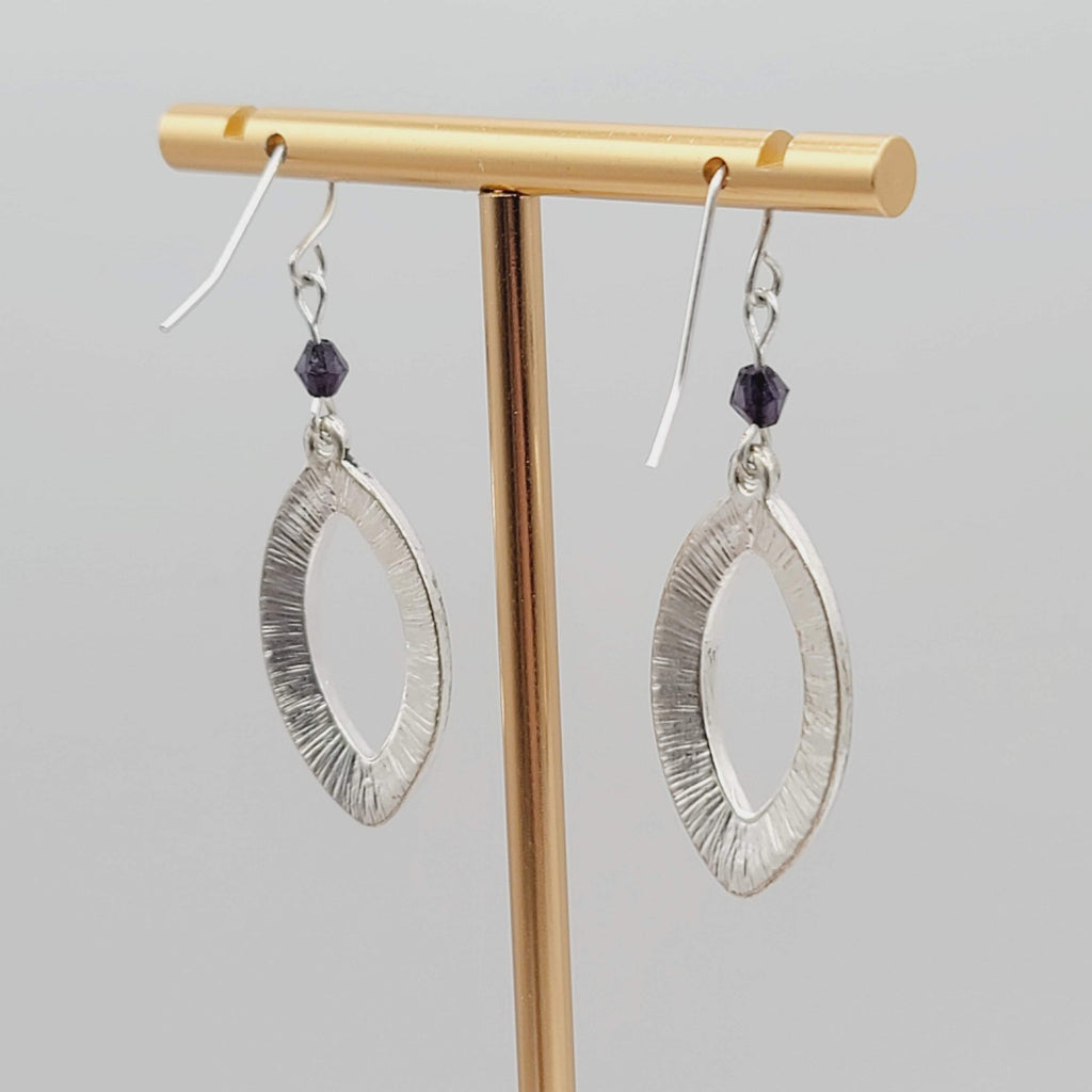 Oxidized Open Work Pierced Earrings Silver tone Dangle Purple Bead 1 1/8 in