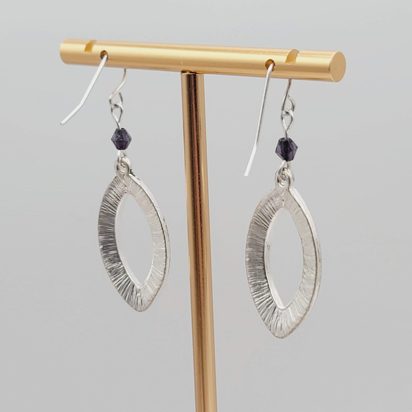 Oxidized Open Work Pierced Earrings Silver tone Dangle Purple Bead 1 1/8 in