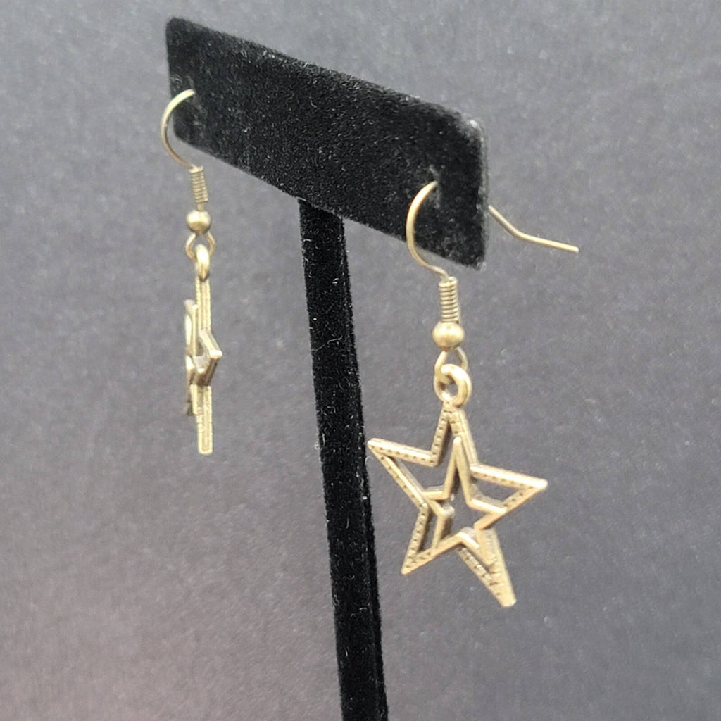 Pierced Earrings Bronze tone Double Open Star Dangle 7/8"