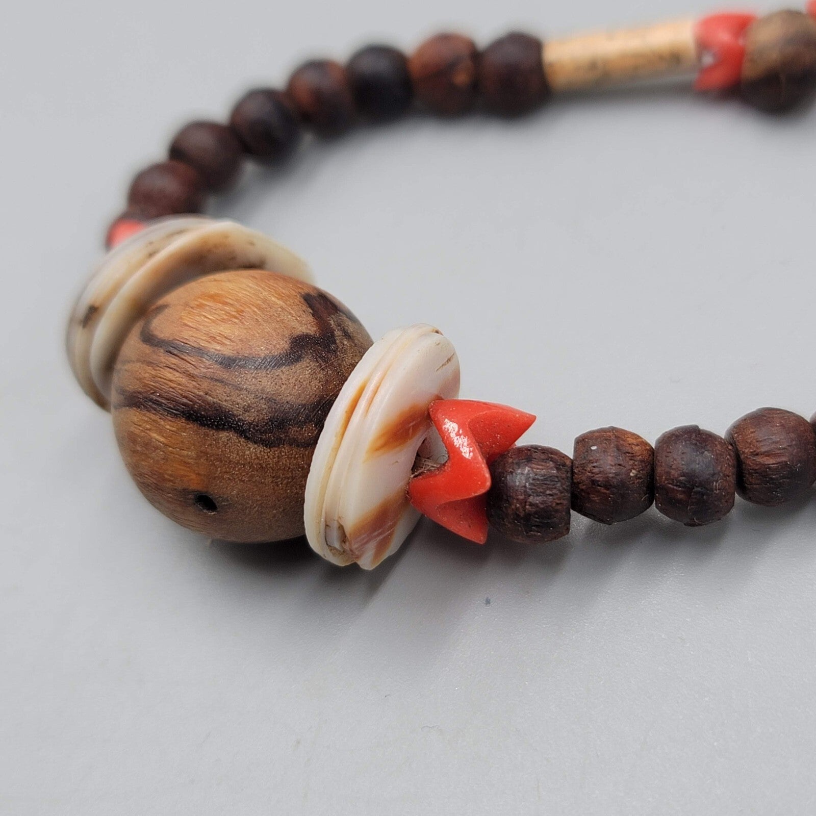 Artisan Boho Necklace Wood Bead Shell Ethnic 16"