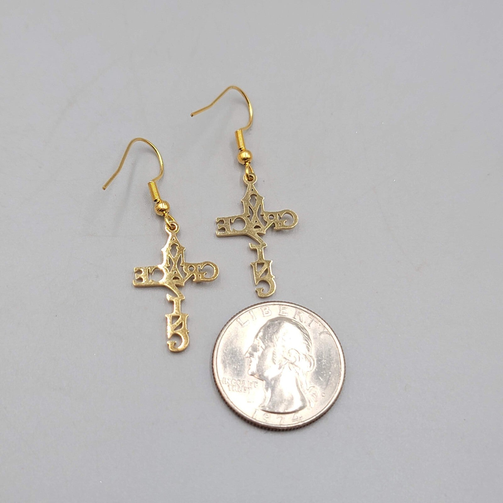 Amazing Grace Cross Pierced Earrings Gold tone Dangle 1"