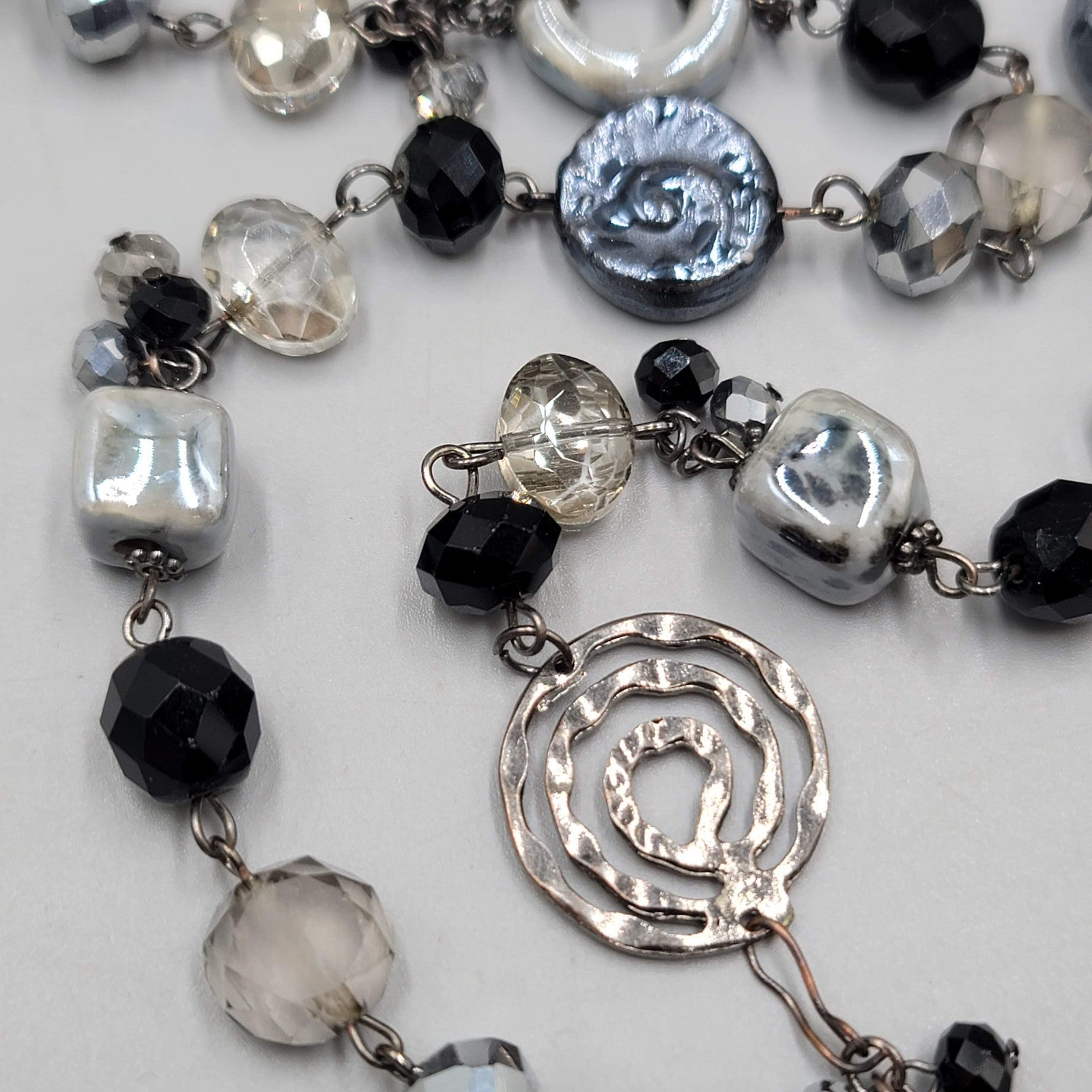 Youmi K Necklace Gunmetal Gray Metal Black Silver tone Beads 32"