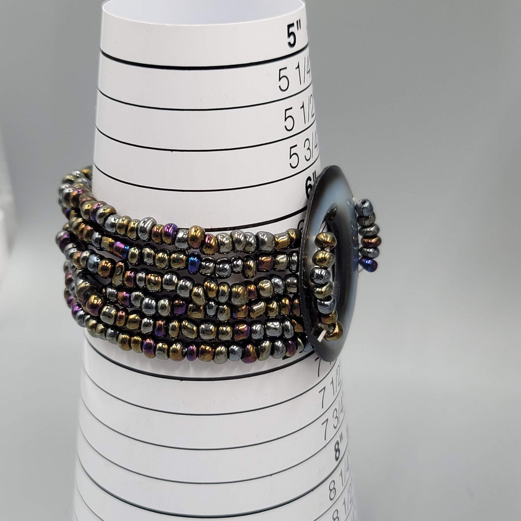Multi Strand Glass Seed Bead Bracelet with Abalone Shell Ring Accent 6.75 in