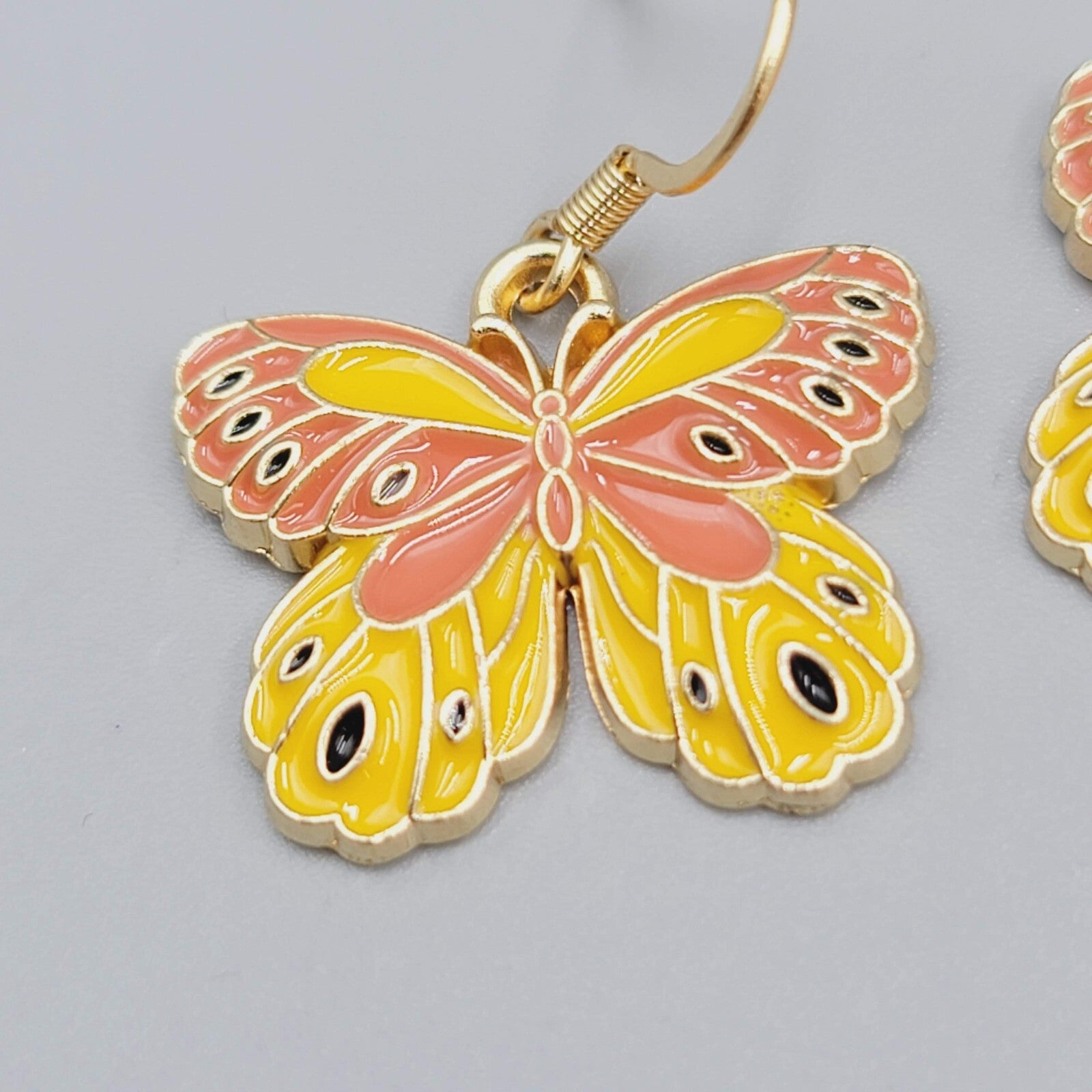 Yellow Moth Enamel Pierced Earrings Gold tone Dangle Butterfly 3/4"