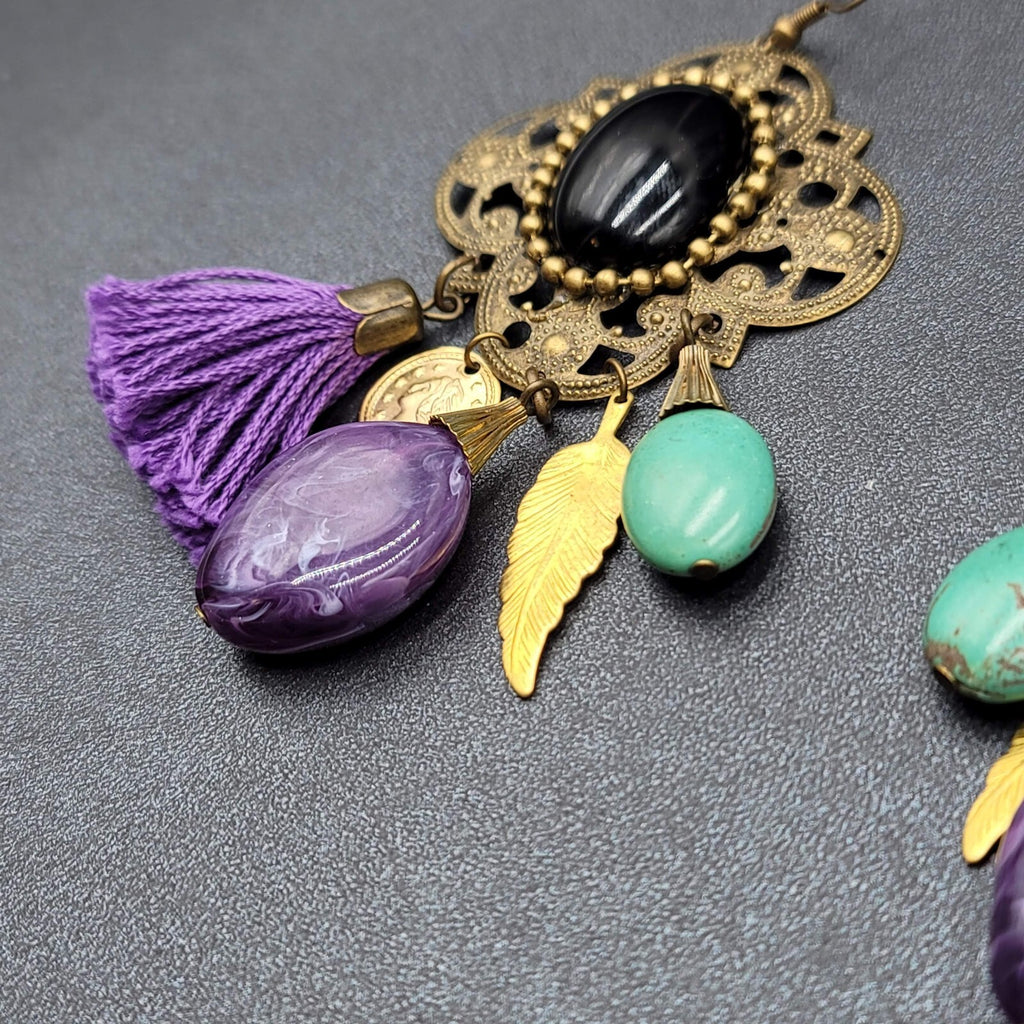 Pierced Earrings Large Statement Bronze tone Purple Tassel Boho Charms 3.5"