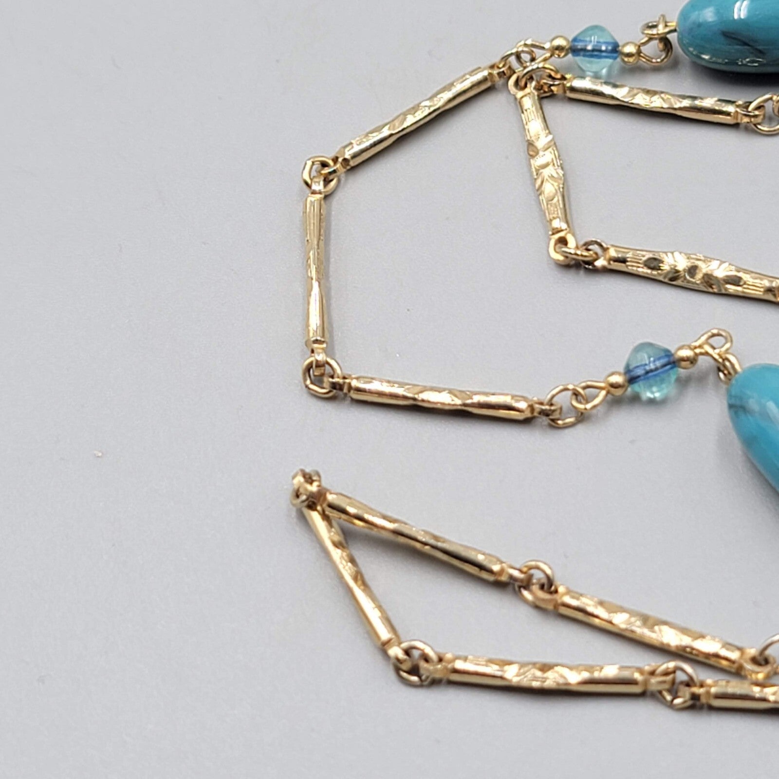 Vintage Sarah Cov Long Station Necklace Blue Bead Gold tone Bar Chain 36"