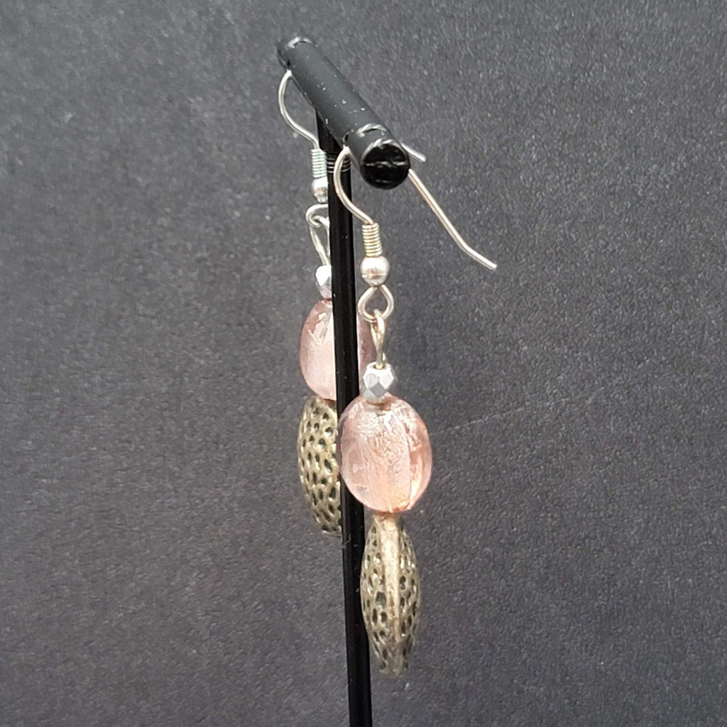 Pierced Earrings Silver tone Pink Glass Beaded Dangle 1.5"