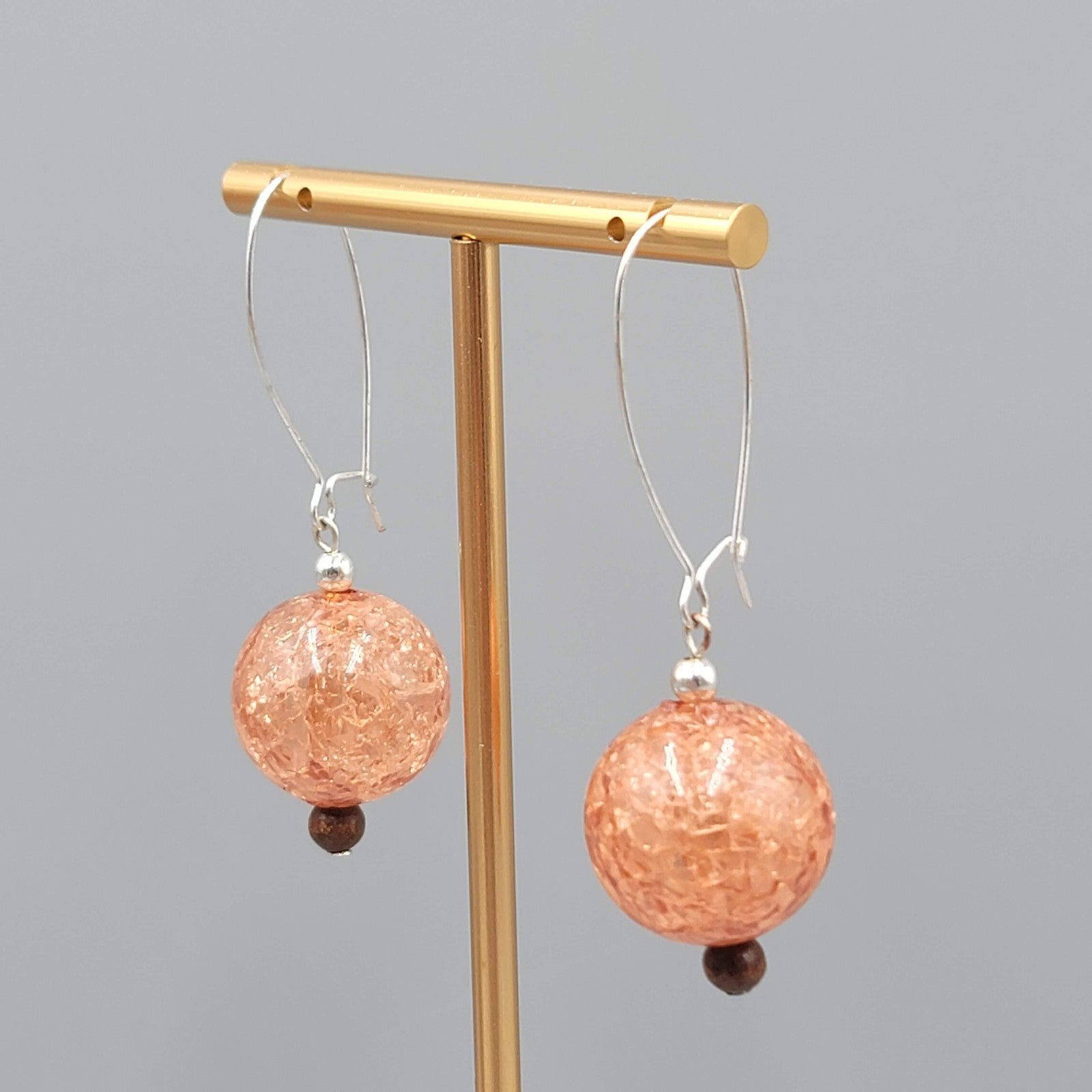 Peach Crackle Bead Ball Dangle Pierced Earrings Silver tone Hook Lightweight 2"