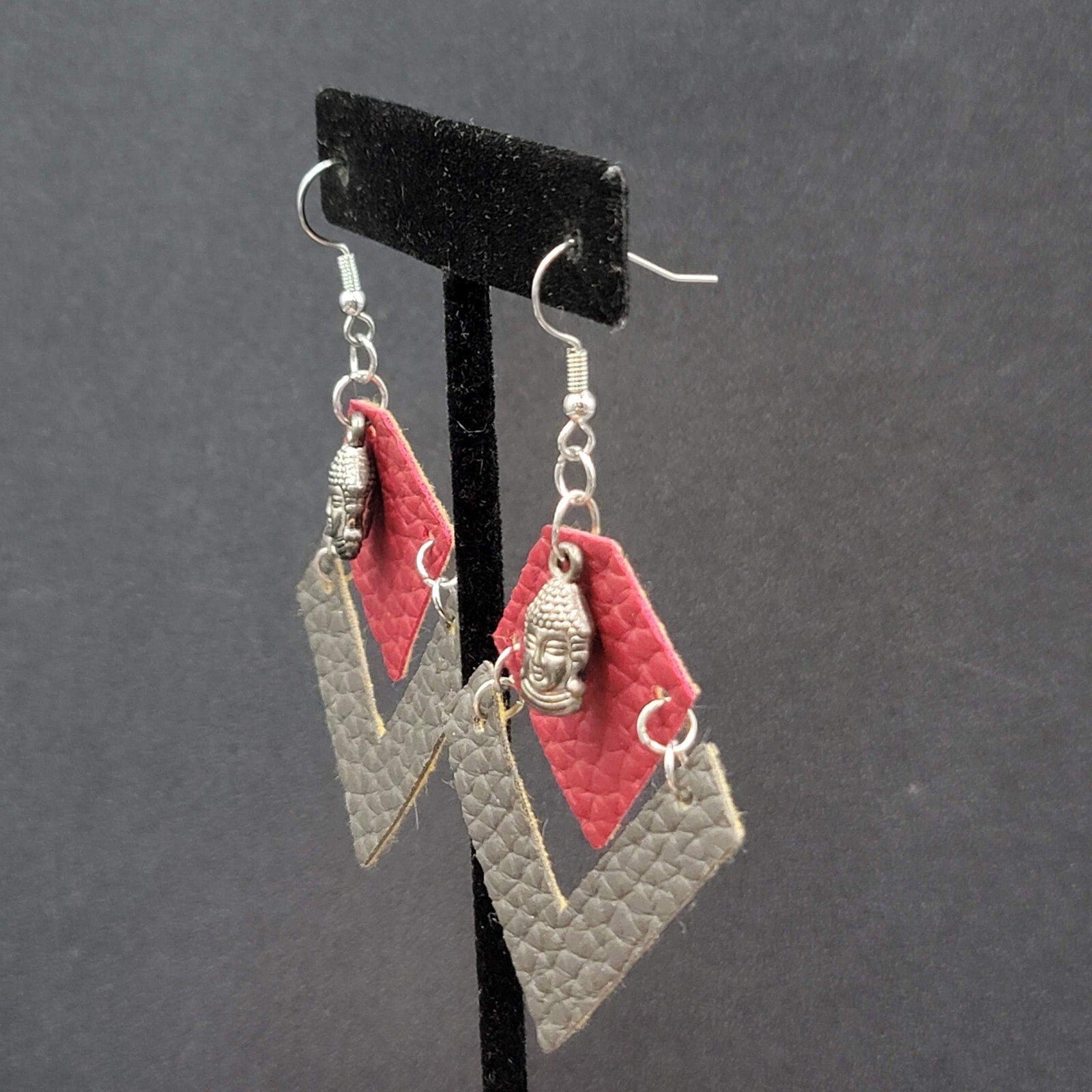 Buddha Pierced Earrings Red Brown Felt Dangle Lightweight 2"