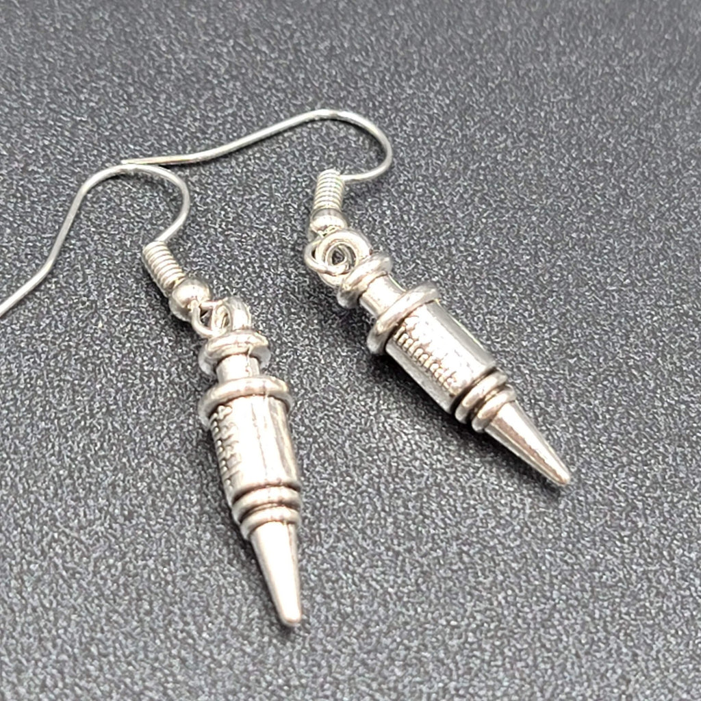 Syringe Nurse Pierced Earrings Silver tone Medical Dangle 1"