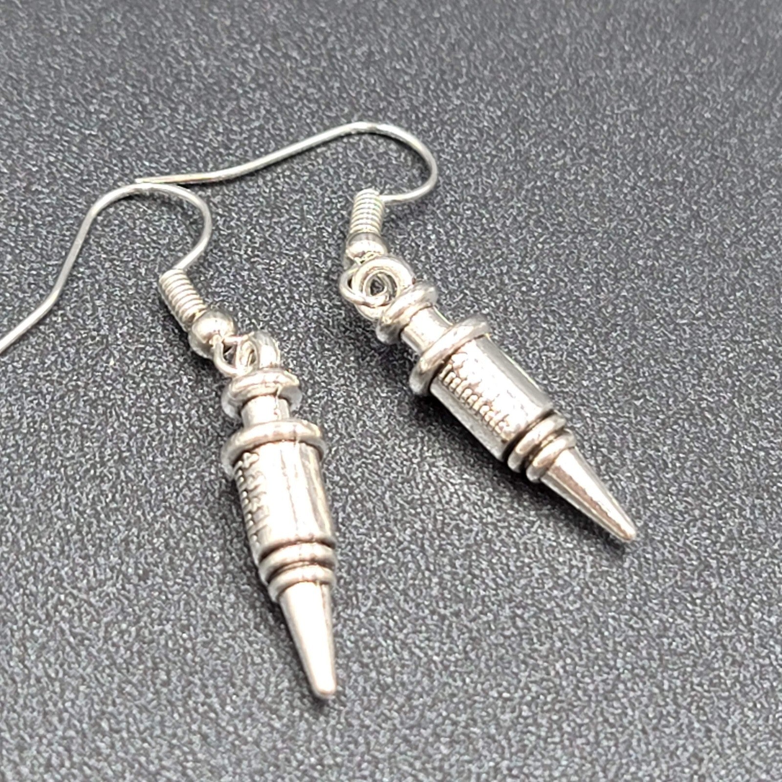 Syringe Nurse Pierced Earrings Silver tone Medical Dangle 1"