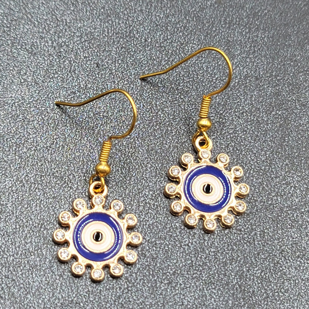 New Evil Eye Rhinestone Pierced Earrings Crystal Gold tone Blue Enamel 3/4"