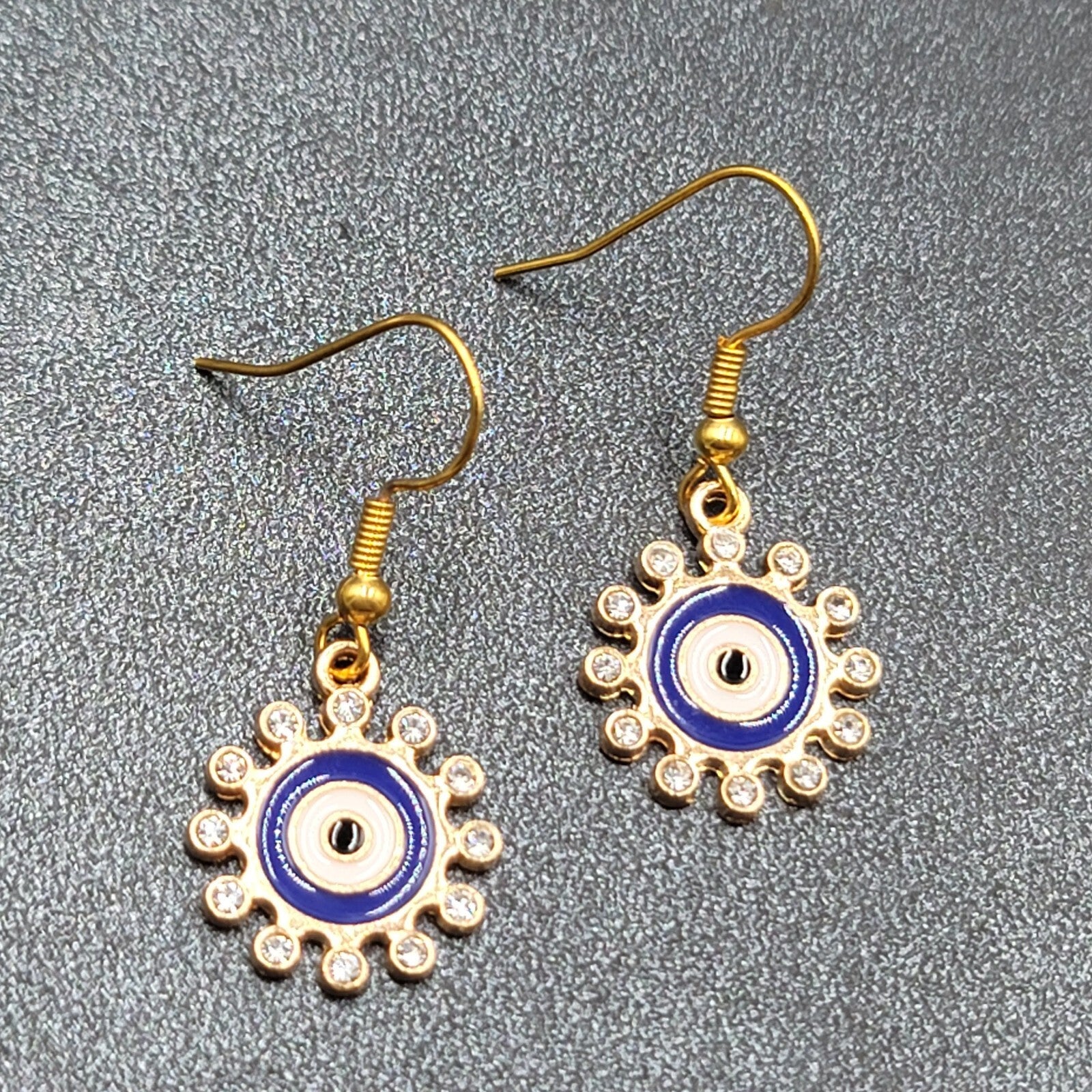 New Evil Eye Rhinestone Pierced Earrings Crystal Gold tone Blue Enamel 3/4"