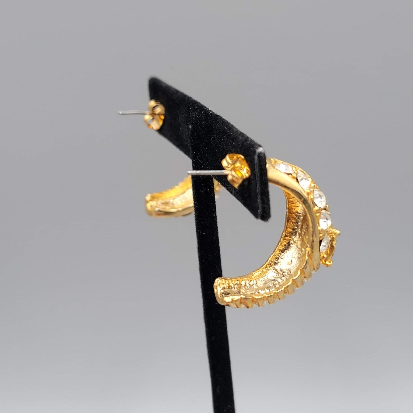 Half Hoop Rhinestone Pierced Earrings Gold tone Dangle Statement 1.25 in