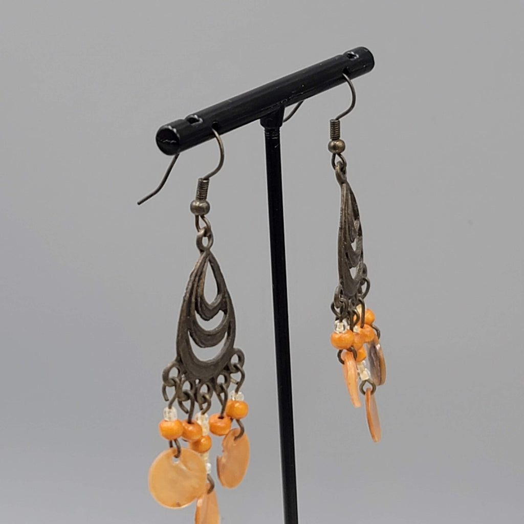 Bronze tone Chandelier Pierced Earrings Wood Bead Orange Shell Dangle 2"