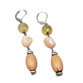 Shell and Wood Bead Pierced Earrings Silver tone Dangle 2 in