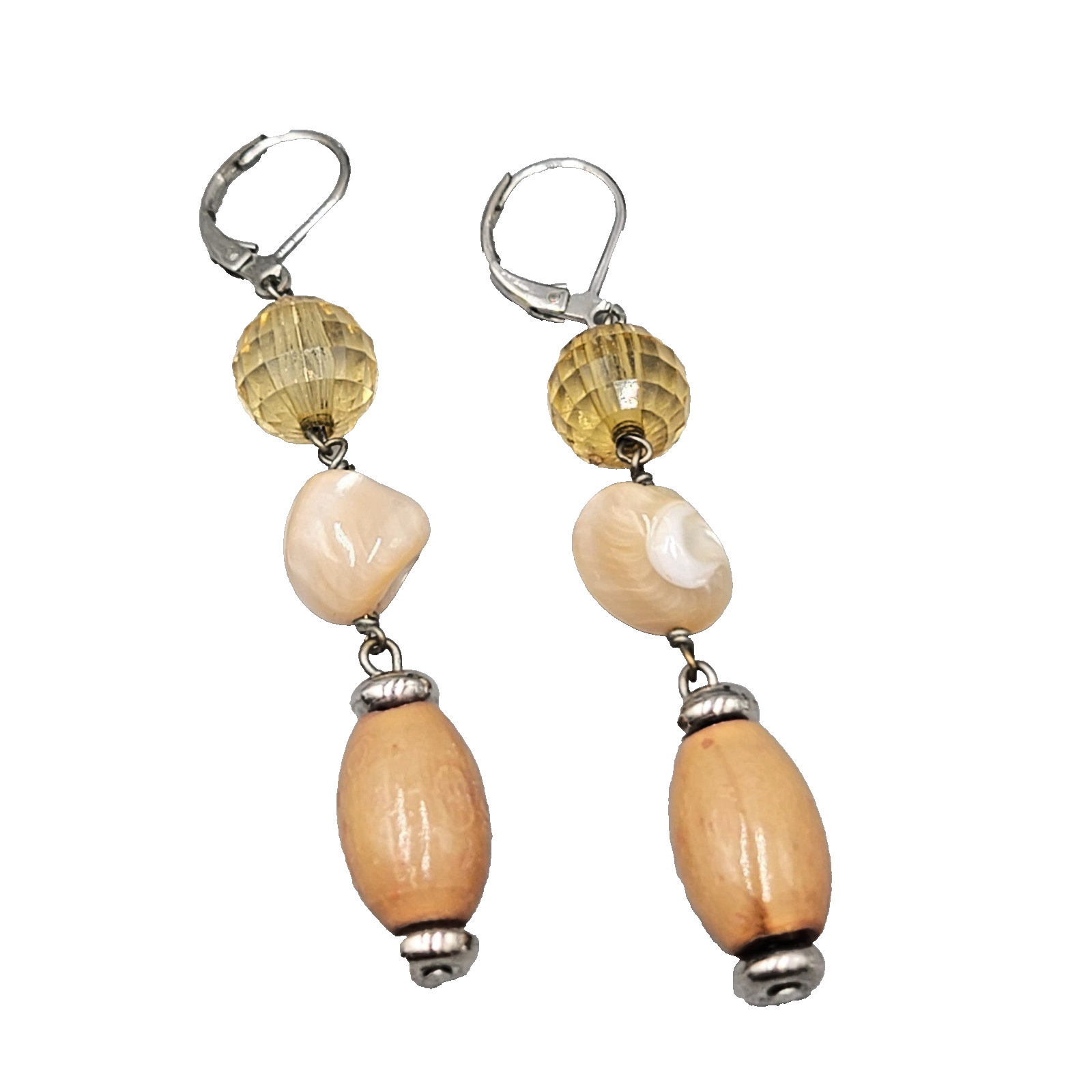 Shell and Wood Bead Pierced Earrings Silver tone Dangle 2 in