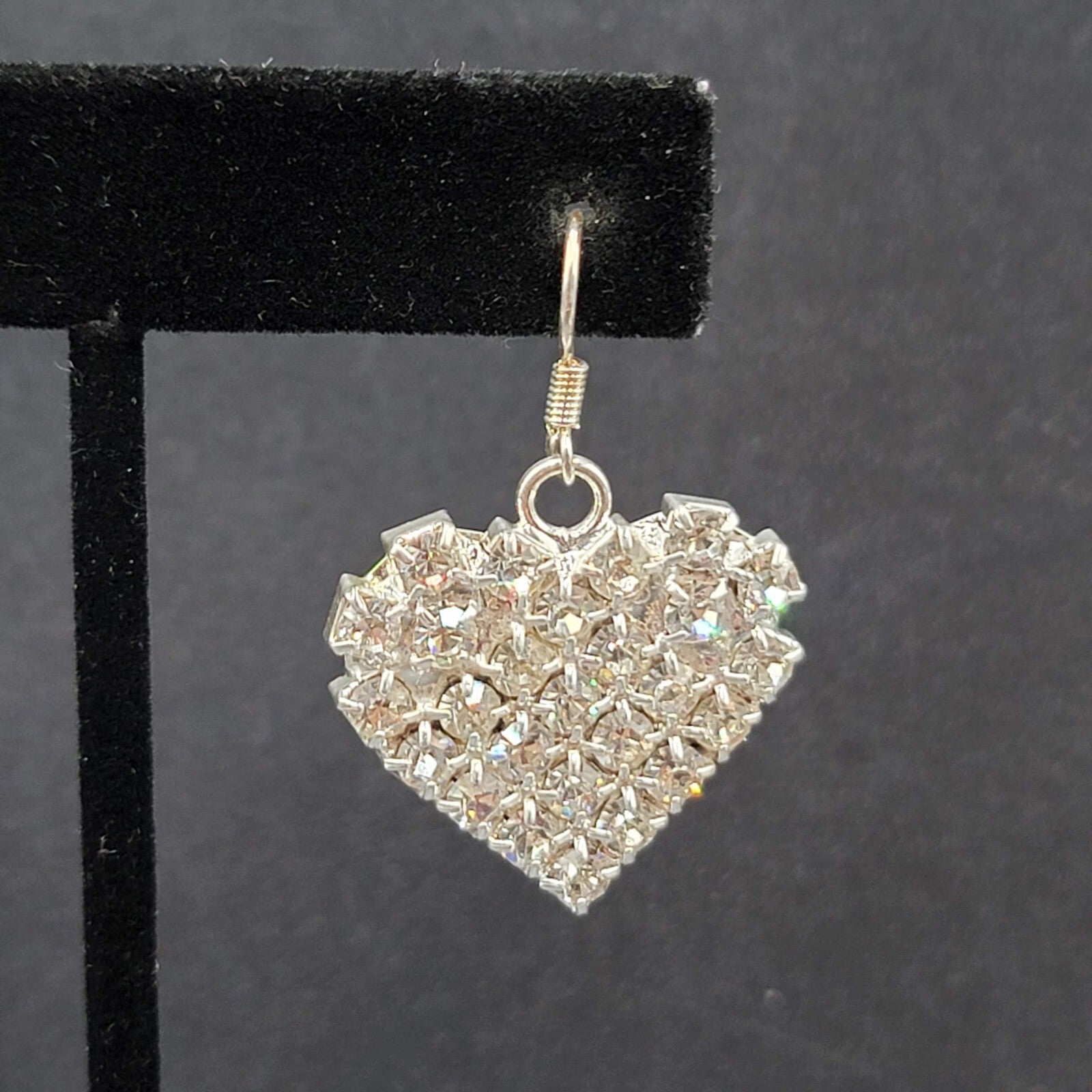 Vintage Pierced Earrings Silver tone Rhinestone Studded Dangle Heart 1"