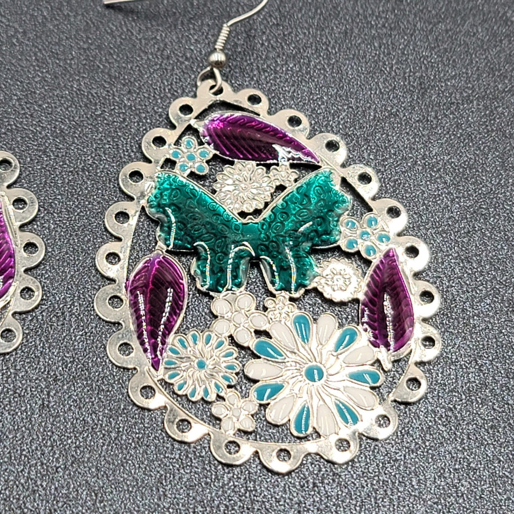 Pierced Earrings Large Silver tone Teardrop Butterfly Flowers Dangle 2.25"