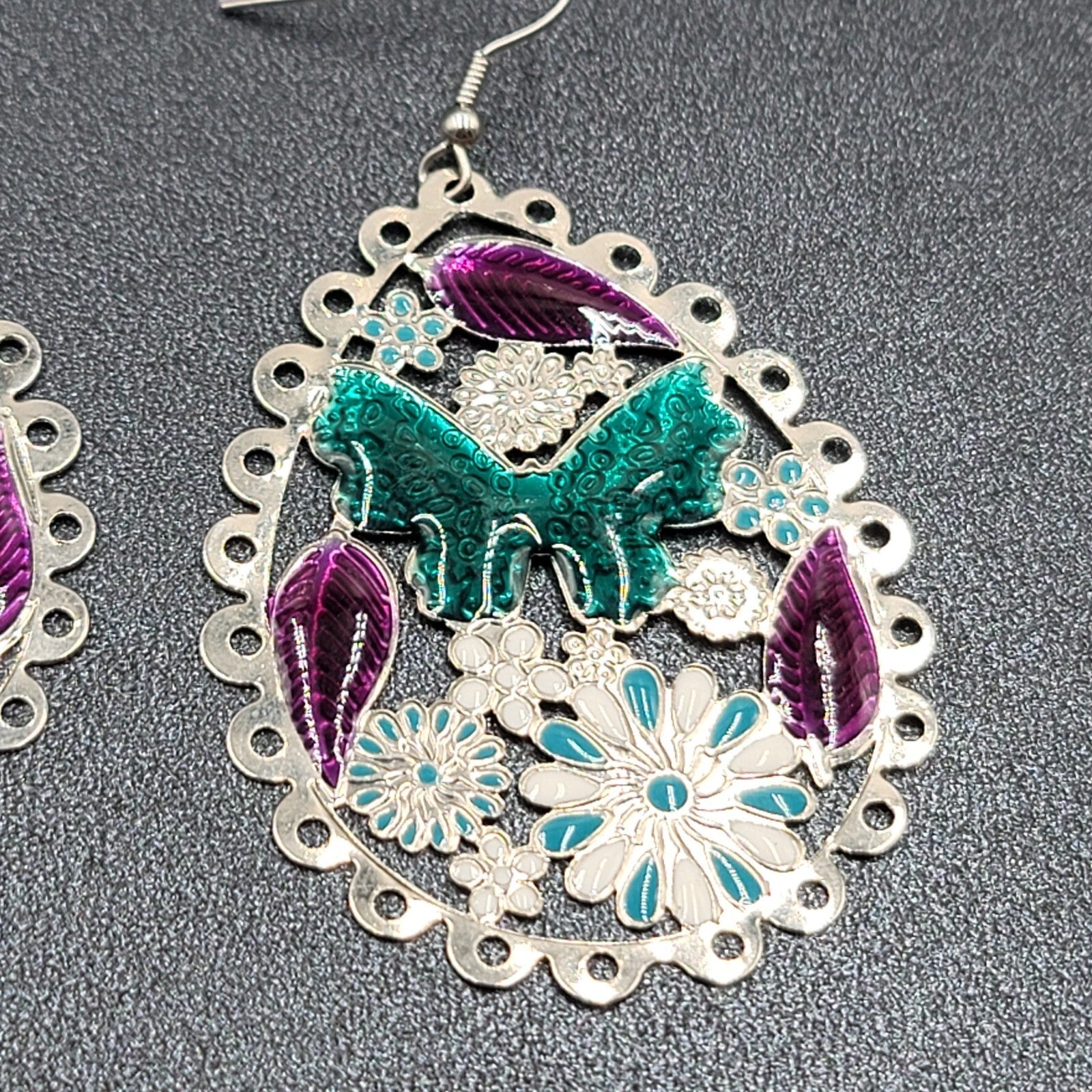 Pierced Earrings Large Silver tone Teardrop Butterfly Flowers Dangle 2.25"